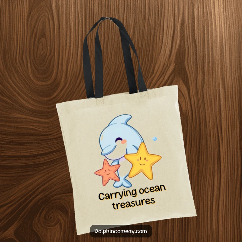 A happy cartoon dolphin playing with a bright starfish, perfect for carrying treasures, on a tote bag.
