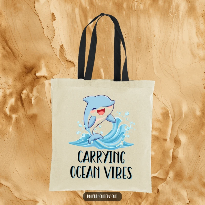 Funny canvas tote bag with a cheerful dolphin leaping from a sparkling wave, perfect for beach trips and errands.