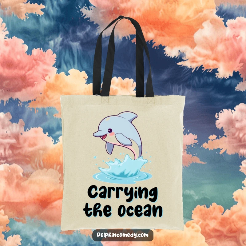 Funny dolphin tote bag featuring a joyful dolphin leaping from the water with a splash, great for carrying items with style.