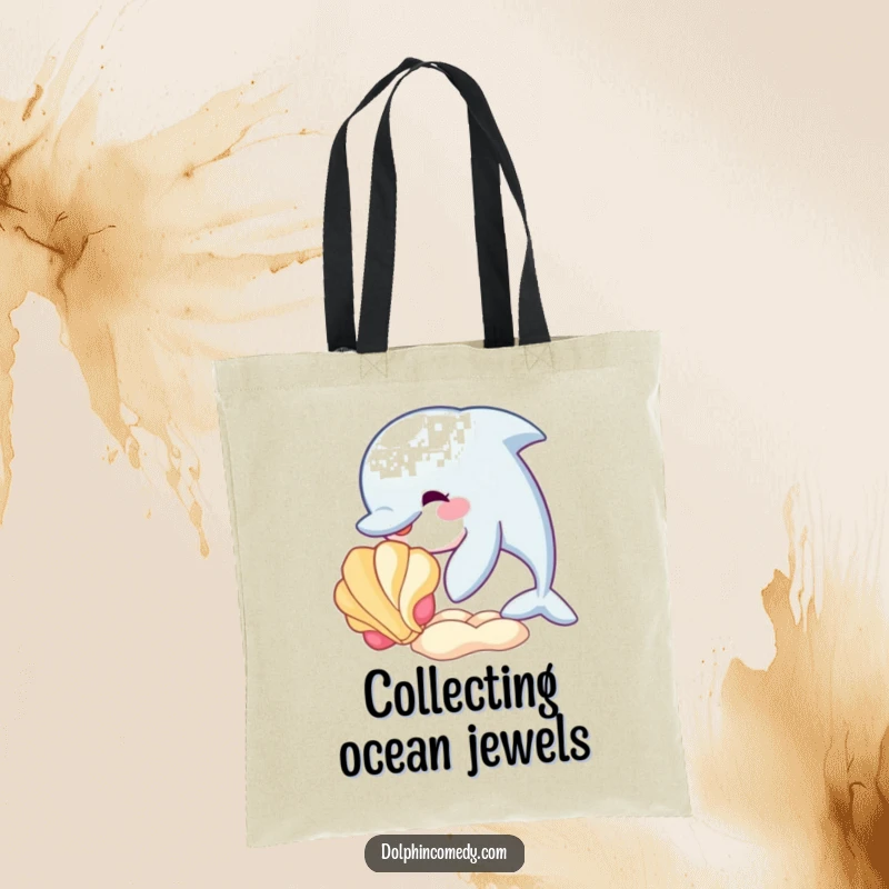 Funny tote bag with a dolphin playfully nudging a seashell, symbolizing gentle curiosity and the beauty of the ocean.