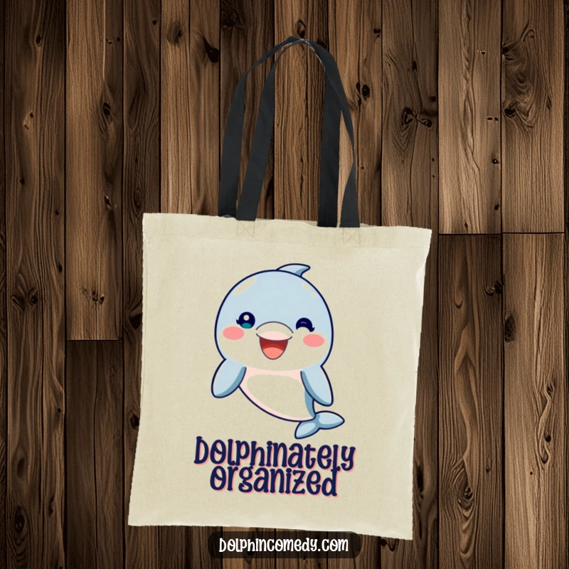 Funny Canvas Tote Bag with a friendly dolphin sporting a wide, welcoming smile, ideal for shopping and daily use, a cute funny gift.