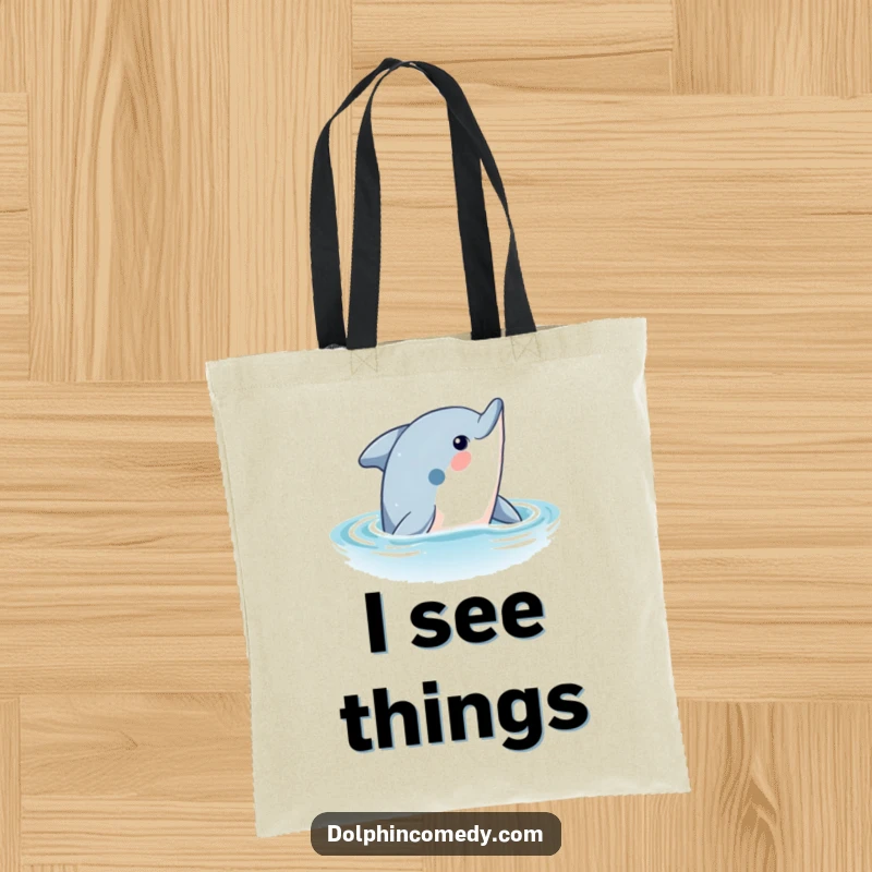Funny Dolphin Canvas Tote Bag: A curious dolphin emerges from the sea, inviting exploration, a handy and funny gift for beachgoers.