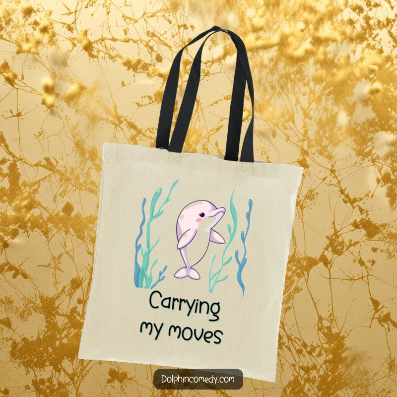 Funny Dolphin Tote Bag: A dolphin with extended fins dancing through kelp, a stylish and humorous accessory.