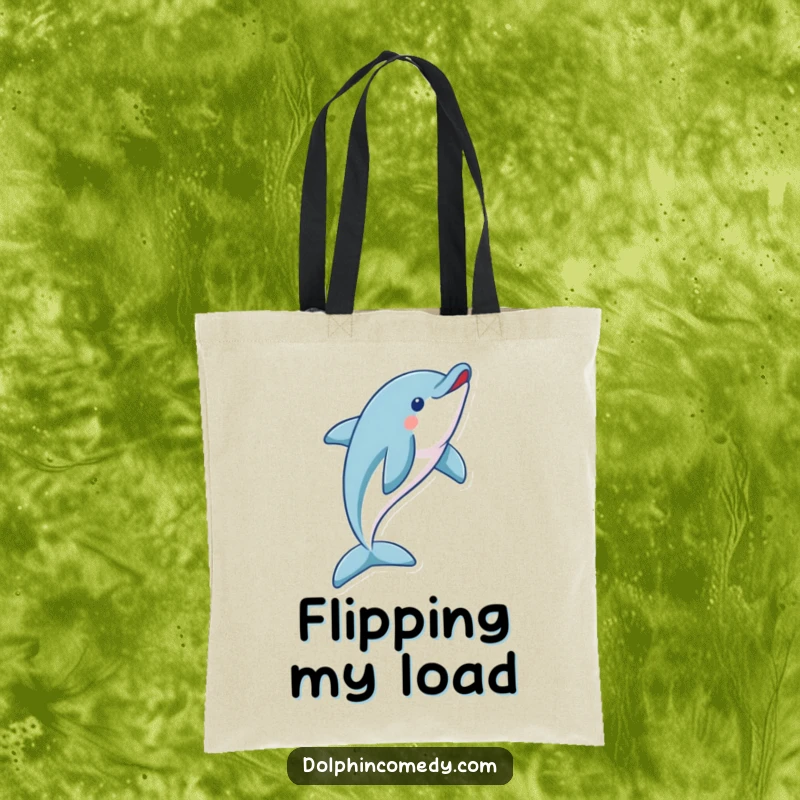 Funny dolphin tote bag featuring a playful dolphin in a magnificent flip, symbolizing freedom and energy.