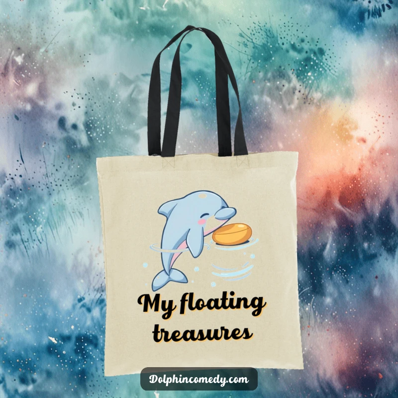 Funny dolphin tote bag showing a dolphin playfully nudging a floating item, ideal for everyday use.