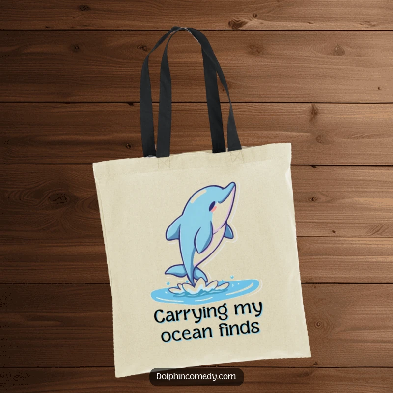 Funny Stylized Dolphin Tote Bag showing a character performing a graceful flip in a stylized ocean setting.