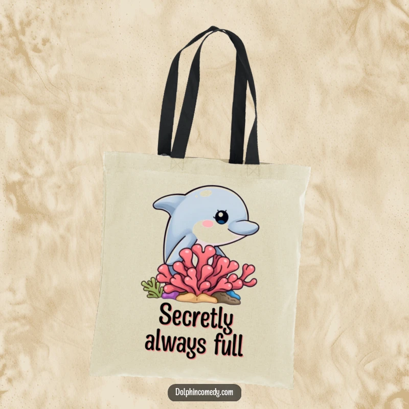 Funny reusable tote bag featuring a curious dolphin peeking from behind a coral reef, perfect for shopping.