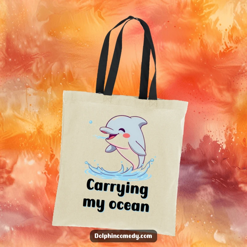 Funny Dolphin Tote Bag with an excited dolphin blowing a powerful stream of water, a practical and amusing accessory.