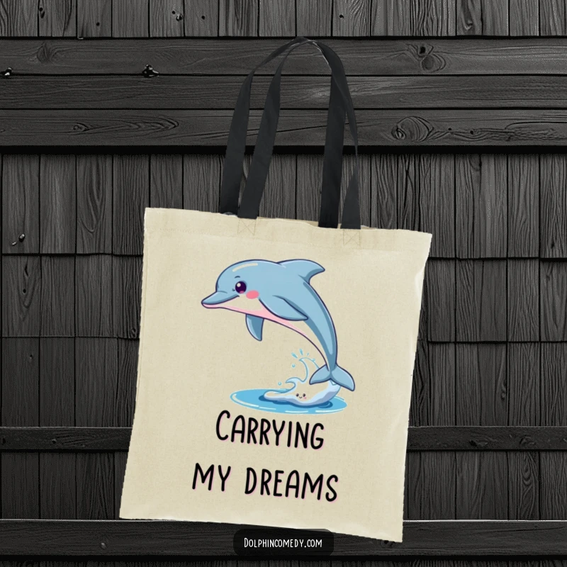 Funny Tote Bag: A sleek dolphin breaching, embodying freedom and power. Humorous and practical accessory for everyday use.