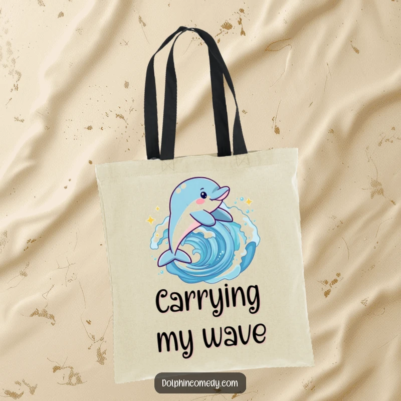 Funny joyful dolphin tote bag showing a happy dolphin leaping through a sparkling wave, perfect for shopping.