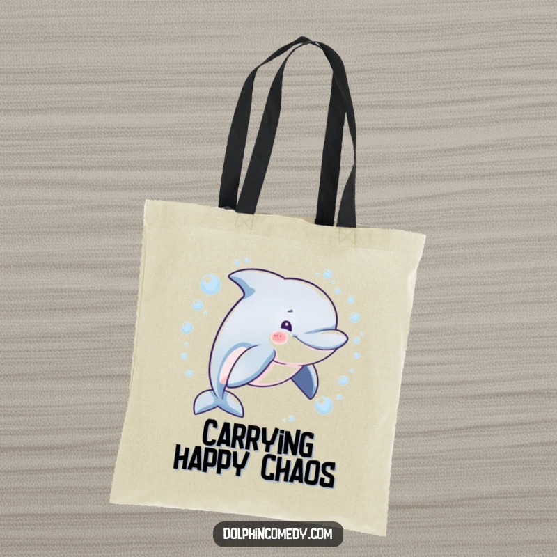Funny canvas tote bag with a mischievous dolphin swimming in a circle surrounded by bubbles, perfect for daily use.