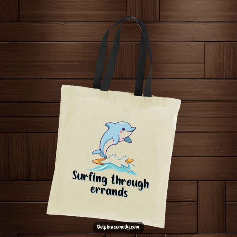 Funny Dolphin Tote Bag with a dolphin joyfully surfing on a small, friendly wave, perfect for beach trips.