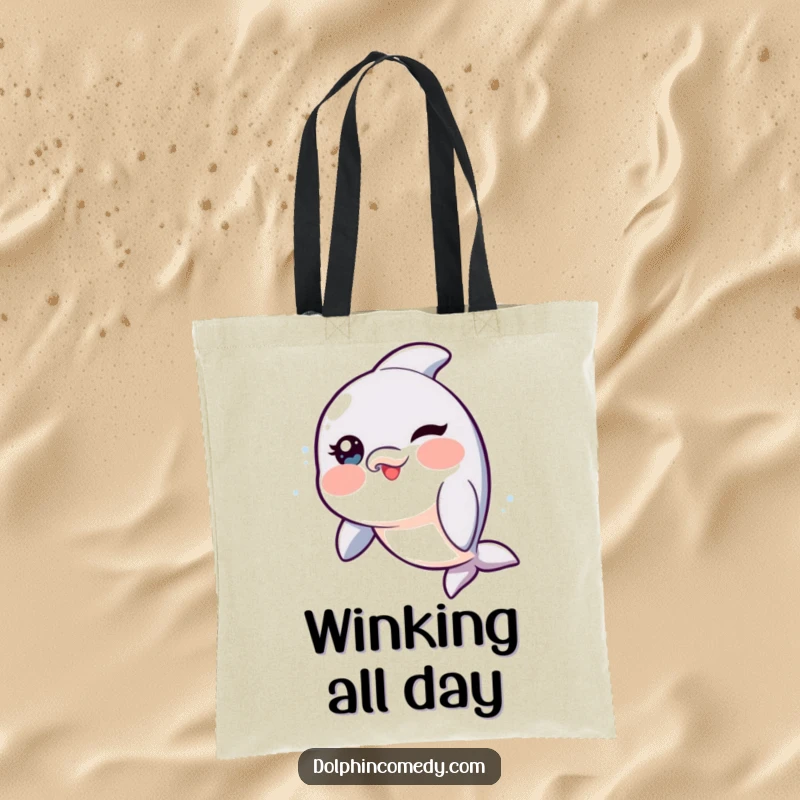 Funny Dolphin Tote Bag with rosy cheeks, playfully winking, perfect for carrying items with a touch of humor.