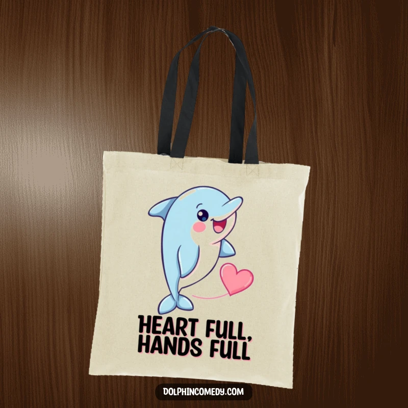 Funny cheerful dolphin with a heart shape trailing behind it, printed on a durable tote bag, symbolizing love on the go.