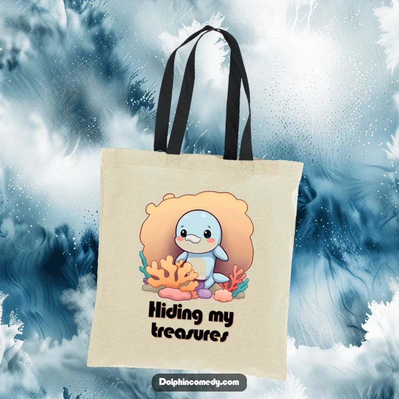 Funny tote bag with a mischievous dolphin peeking from behind a coral formation, perfect for carrying essentials with a wink.