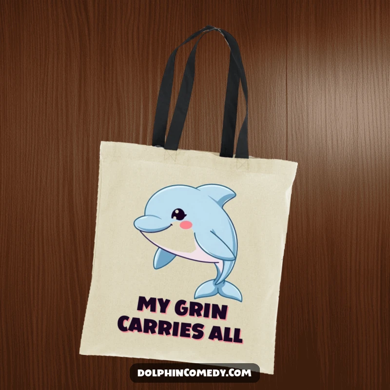 Funny Tote Bag: A dolphin with a wide, happy grin swims swiftly, making this a humorous and practical carry-all.