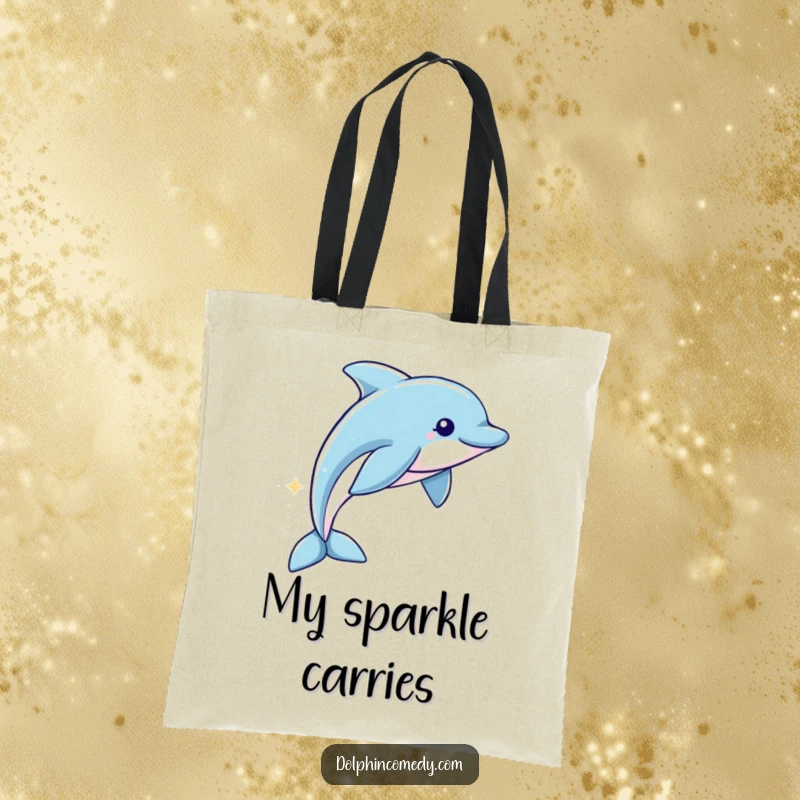 Funny Tote Bag: A dolphin swims with a sparkling trail, making this a humorous and whimsical bag for everyday use.