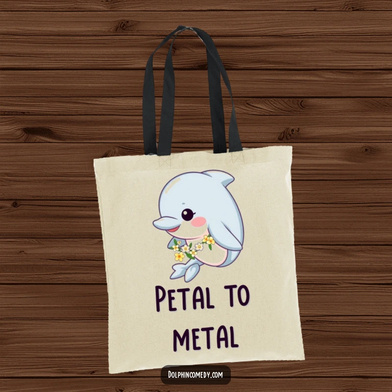 Funny tote bag showcasing a happy dolphin swimming serenely while wearing a flower garland, perfect for carrying essentials stylishly.