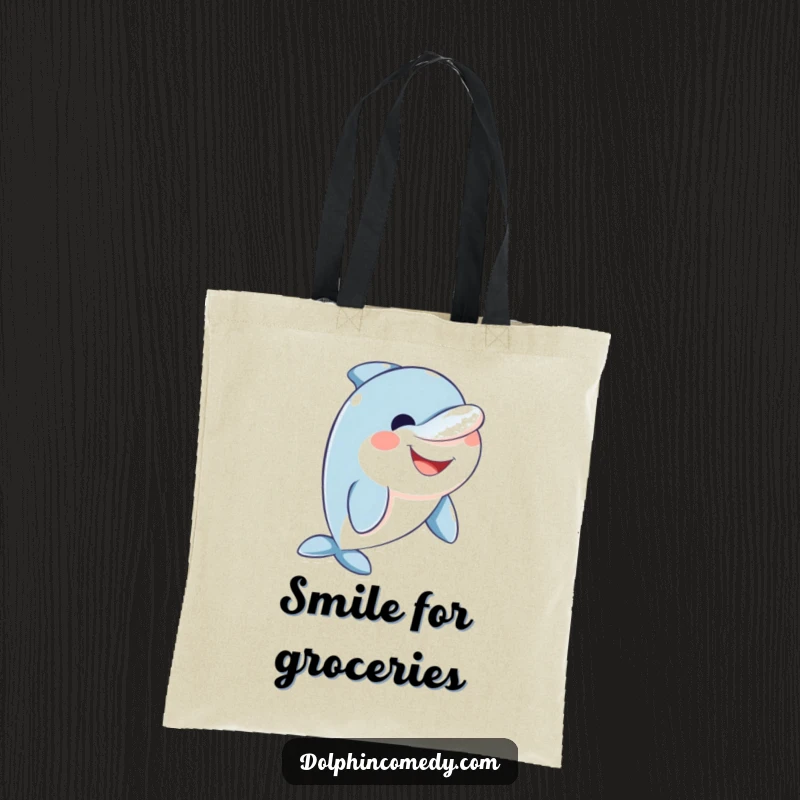 Funny friendly dolphin tote bag showcasing a dolphin with a wide, encompassing smile, perfect for shopping.
