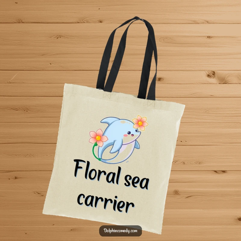 Stylish Dolphin Flower Tote Bag featuring a dolphin swimming gracefully with a flower, a chic and artistic accessory.