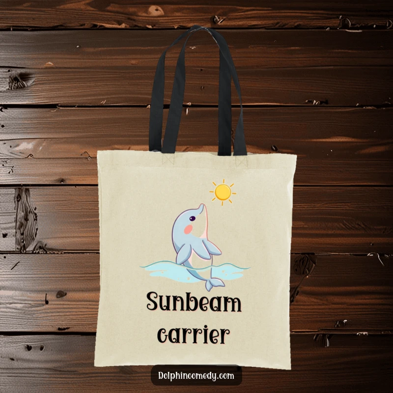 Funny dolphin tote bag with a curious dolphin looking up at a sunbeam, symbolizing peaceful contemplation and ocean beauty.
